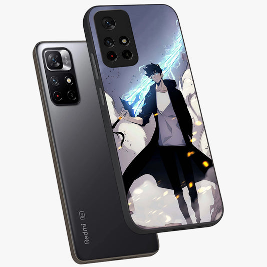 Dark Lightning Anime Warrior Glass Case showing flat back view with intense anime warrior artwork and glossy glass finish.