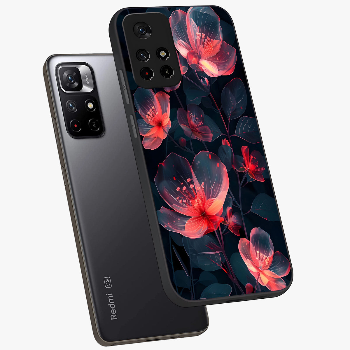 Dark Shade of Flower Glass Case displayed in angled mockup highlighting moody floral illustration with aesthetic dark tones.