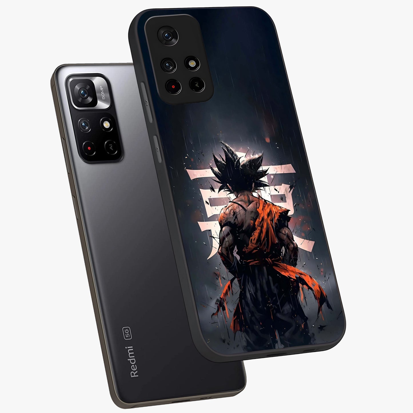 Dark Warrior In Rain Glass Case displayed in angled mockup highlighting dramatic warrior illustration with dark rain aesthetic.