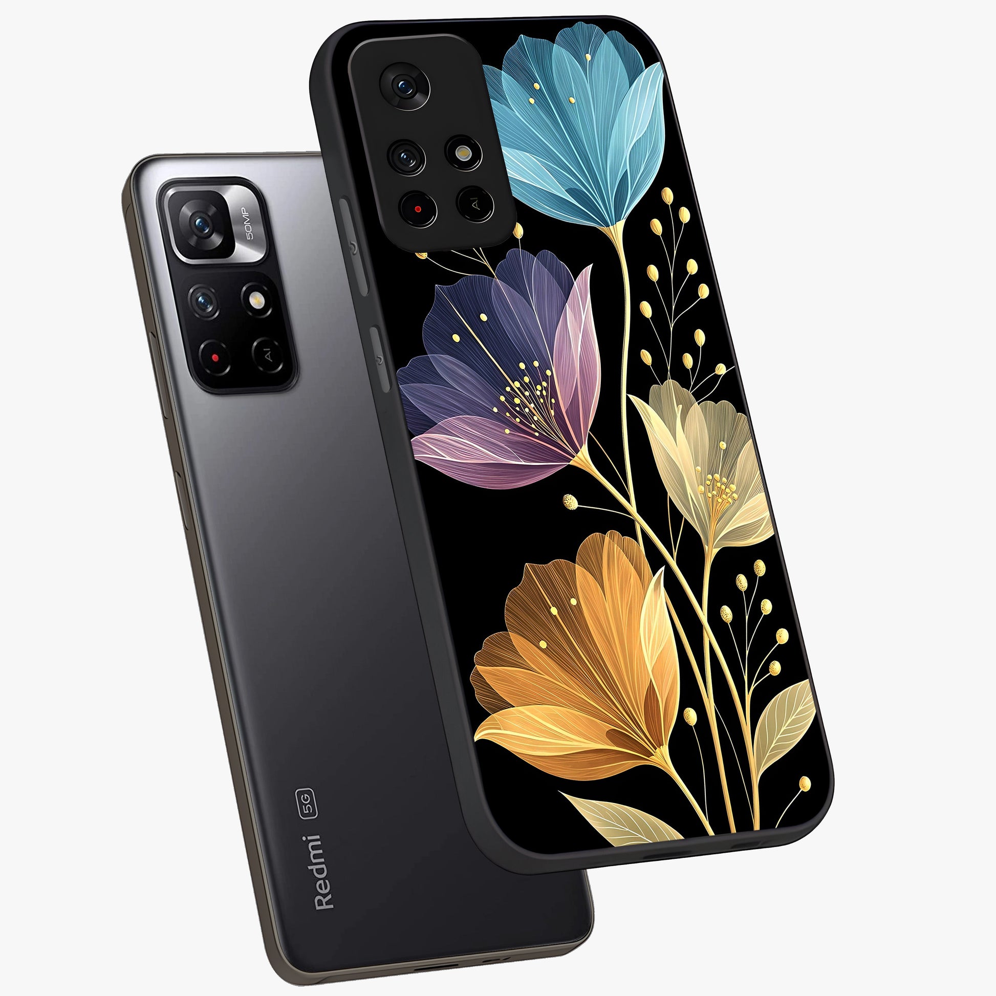 Delicate Multicolor Flowers Glass Case showing flat back view with vibrant floral artwork and glossy glass finish.