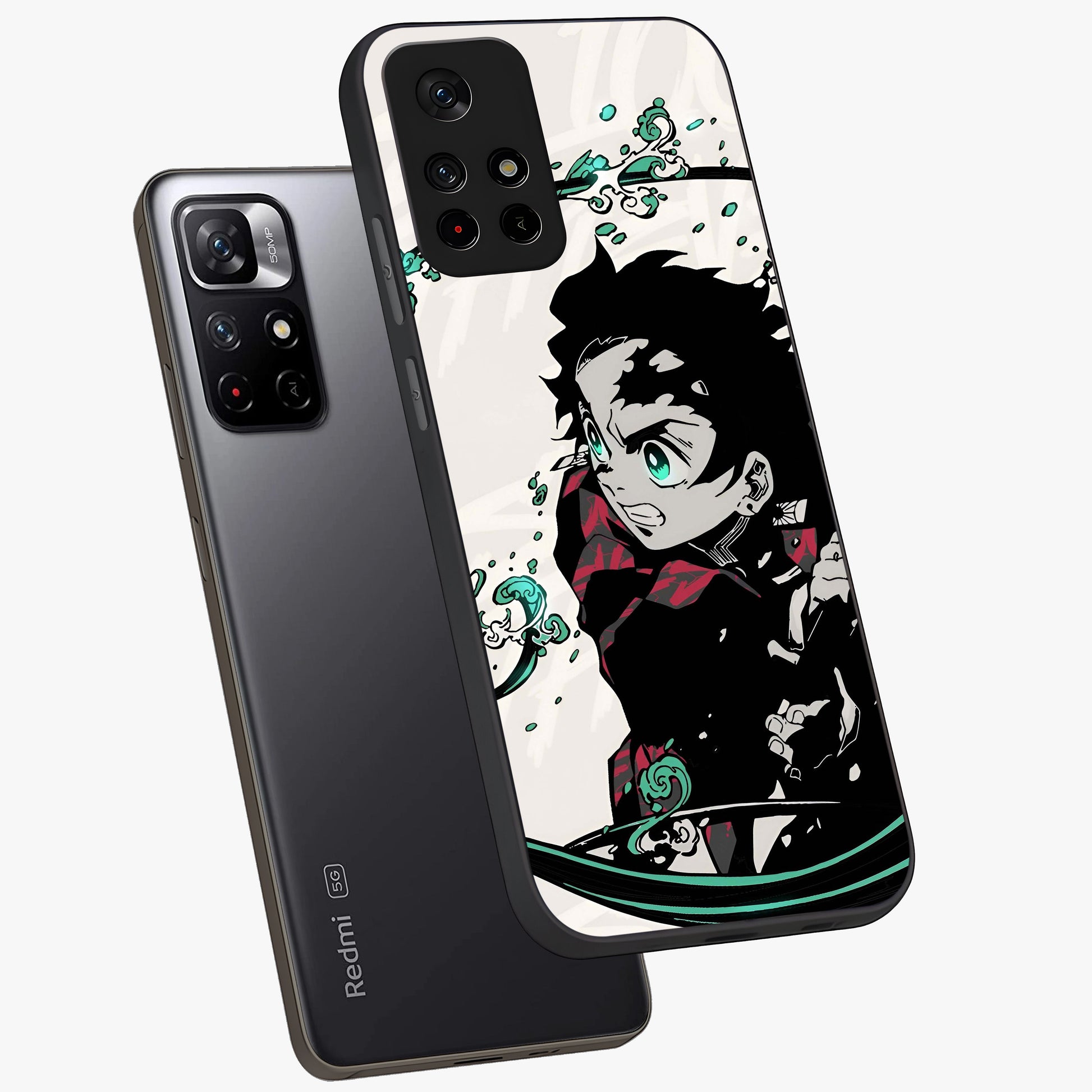 Demon Slayer Glass Case showing flat back view with bold anime inspired artwork and glossy glass finish.