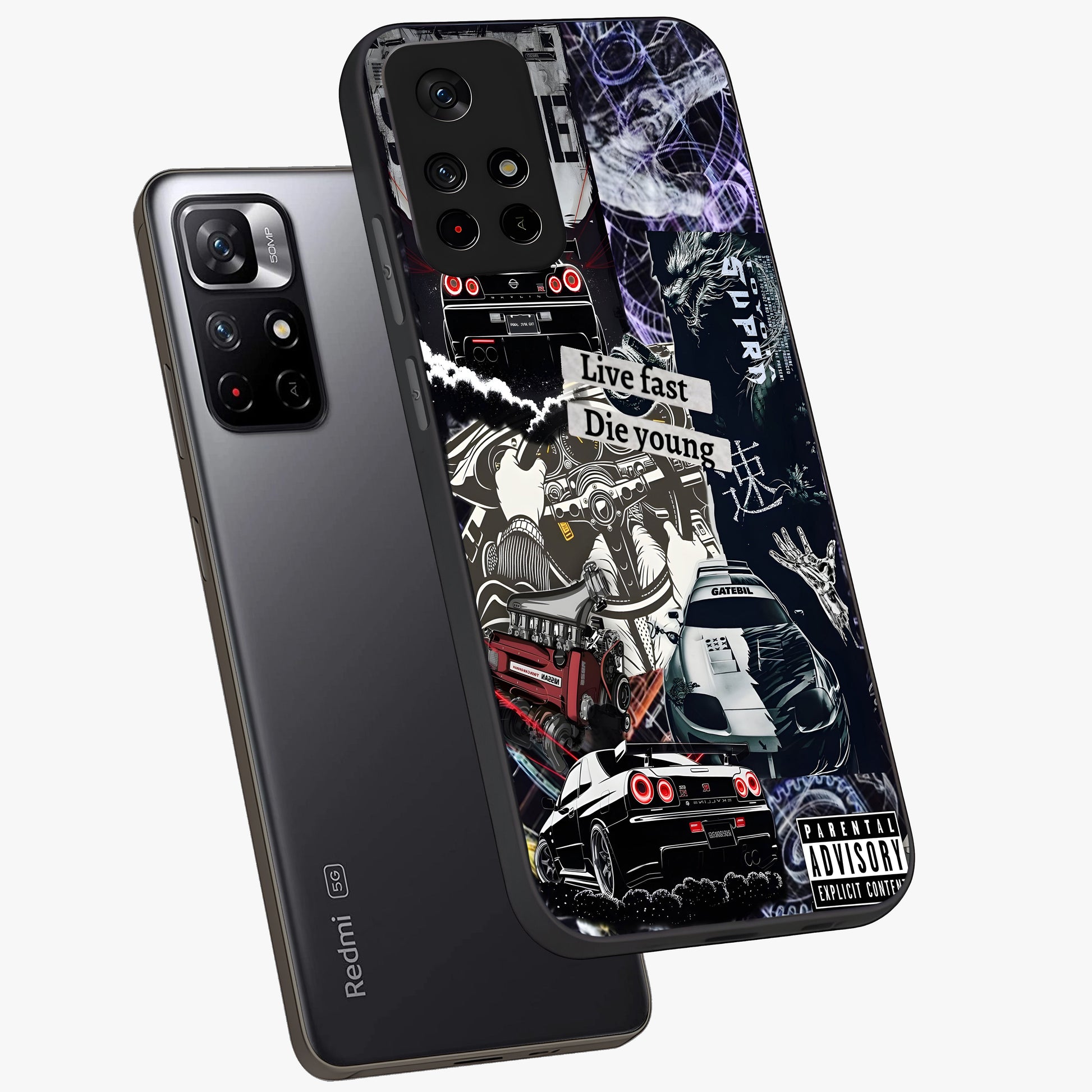 Die Young Glass Case showing flat back view with bold artistic typography design and glossy glass finish.
