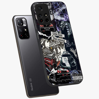 Die Young Glass Case displayed in angled mockup highlighting expressive graphic artwork with edgy aesthetic style.