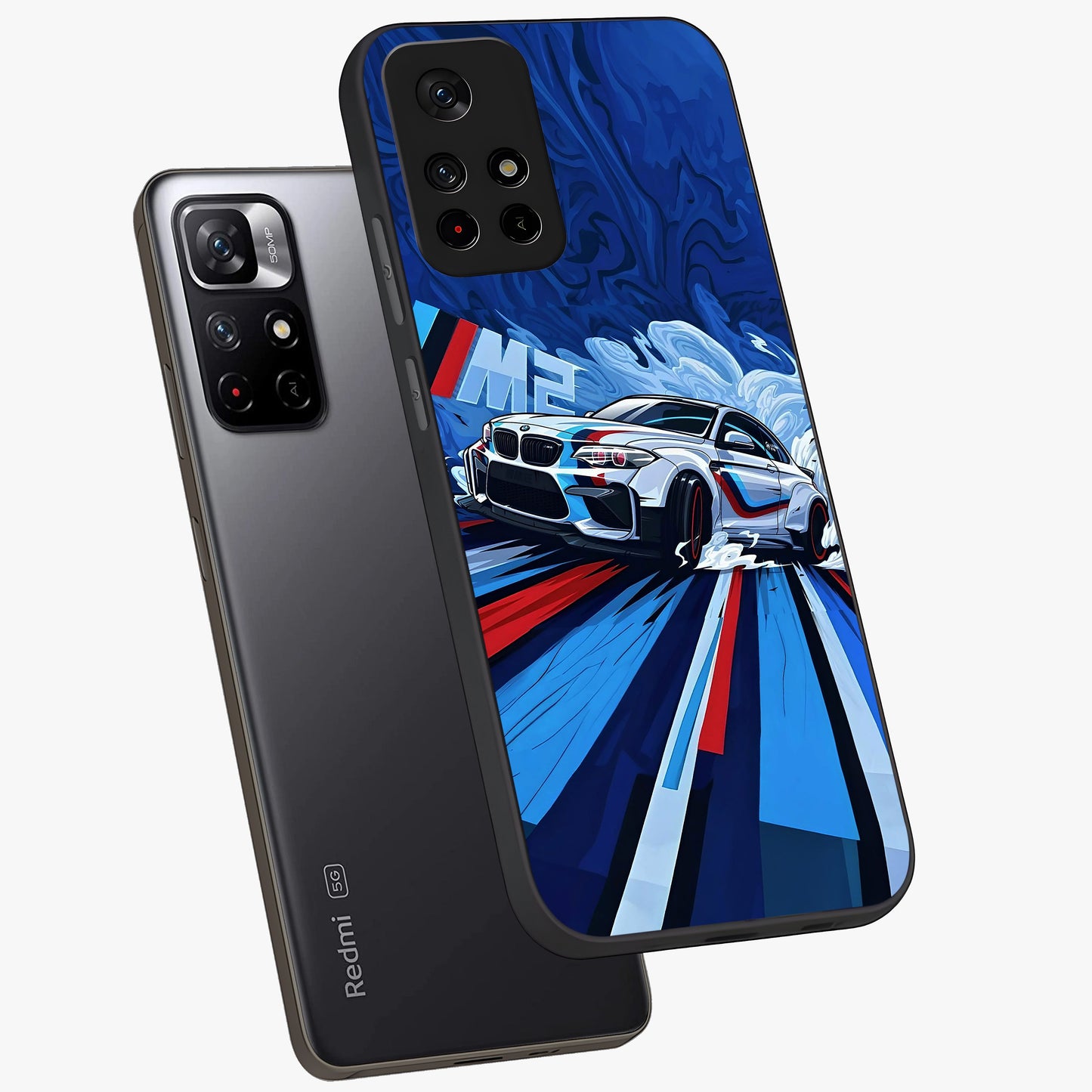 Drift Power Rush Glass Case showing flat back view with dynamic racing inspired artwork and glossy glass finish.