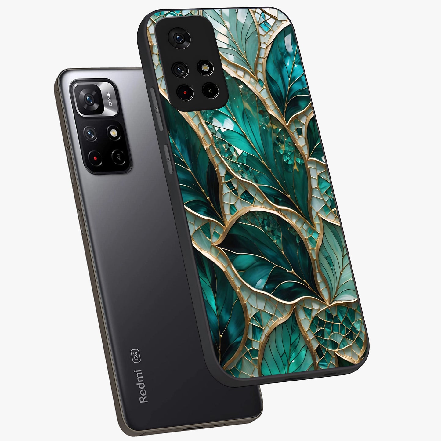 Emerald Leaf Glass Glass Case displayed in angled mockup highlighting botanical leaf illustration with elegant natural aesthetic.