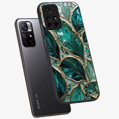 Emerald Leaf Glass Glass Case displayed in angled mockup highlighting botanical leaf illustration with elegant natural aesthetic.