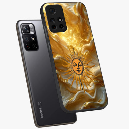 Eternal Golden Glow Glass Case showing flat back view with radiant golden themed artwork and glossy glass finish.