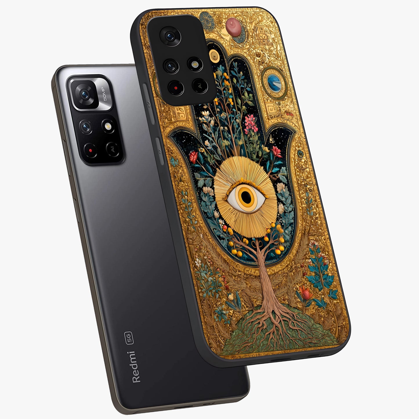 Ethereal Evil Eye Glass Case showing flat back view with mystical evil eye artwork and glossy glass finish.