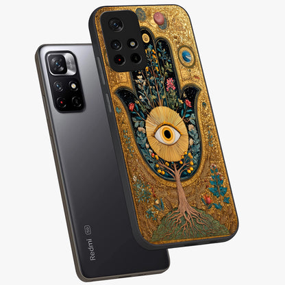 Ethereal Evil Eye Glass Case showing flat back view with mystical evil eye artwork and glossy glass finish.