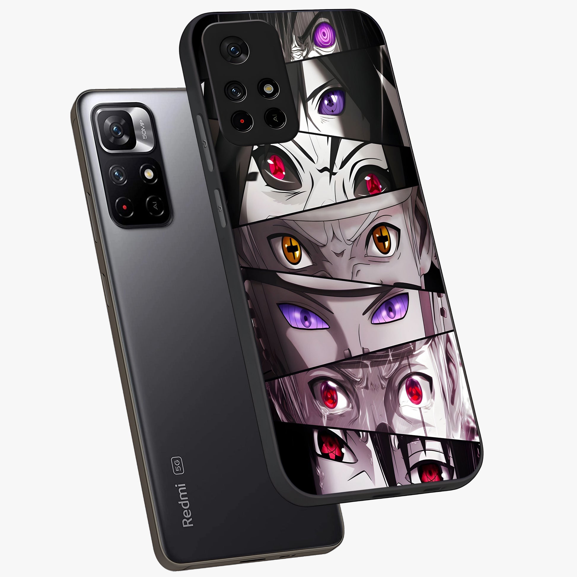 Eyes of Destiny Glass Case displayed in angled mockup highlighting bold eye illustration with mystical aesthetic style.