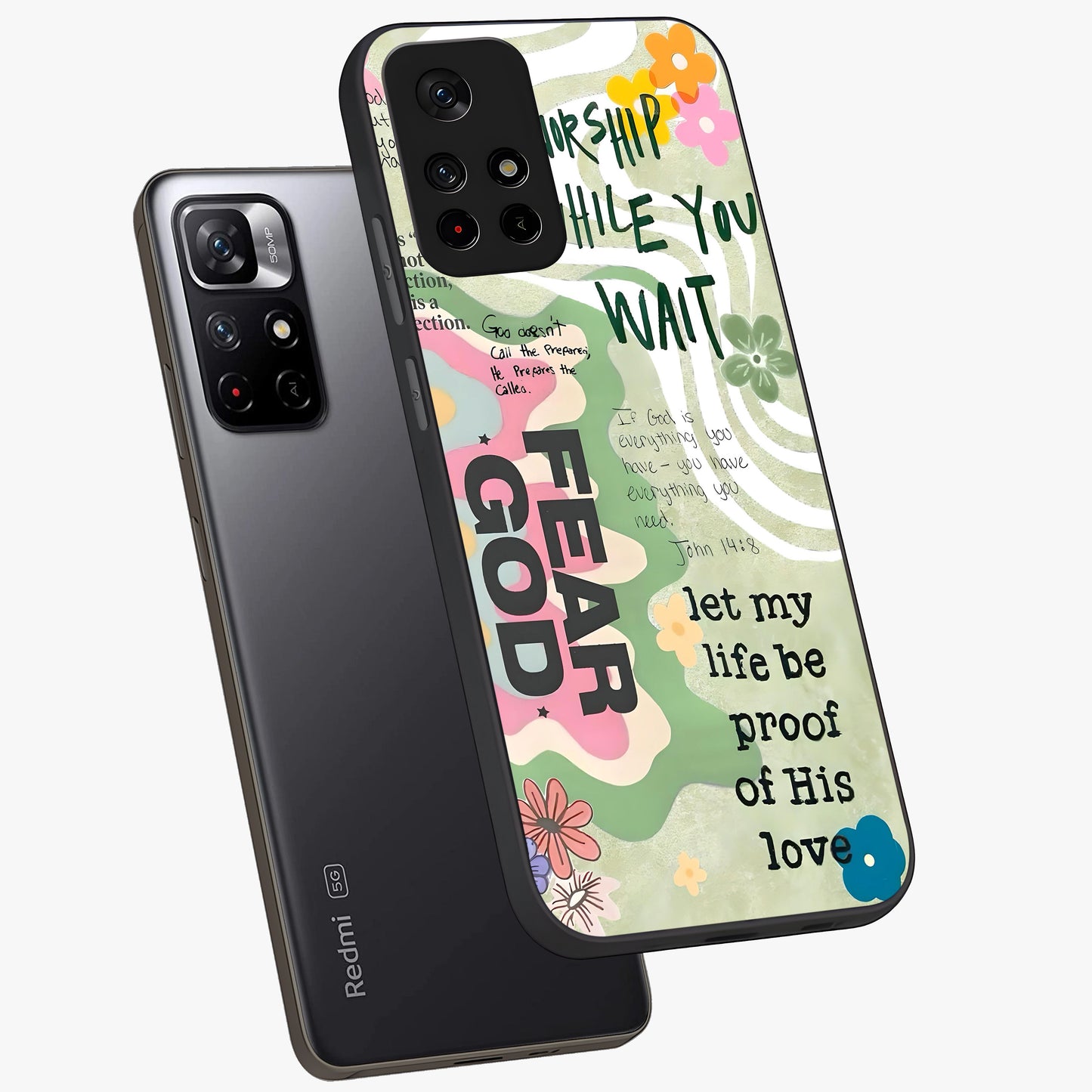 Faith Over Fear Glass Case displayed in angled mockup highlighting inspirational message design with modern aesthetic style.