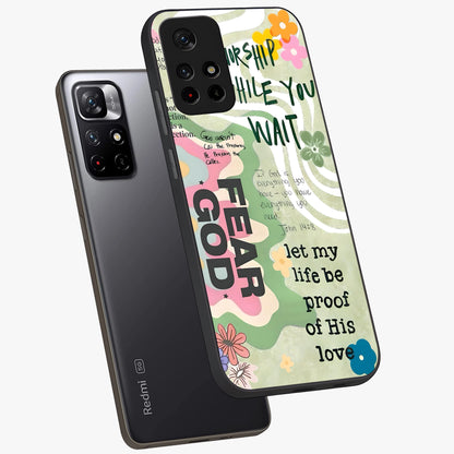 Faith Over Fear Glass Case displayed in angled mockup highlighting inspirational message design with modern aesthetic style.