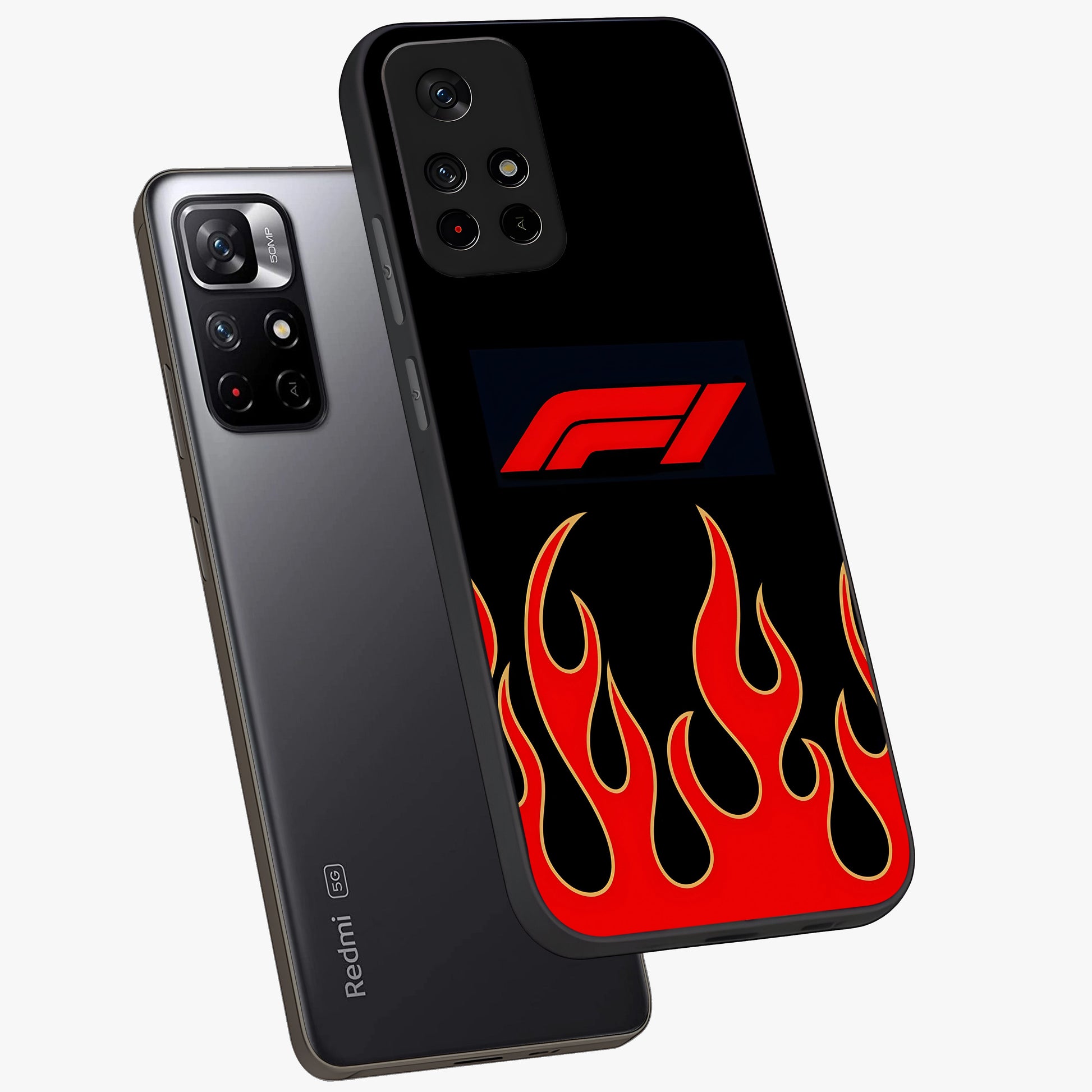 Fire F11 Glass Case showing flat back view with fiery themed artwork and glossy glass finish.