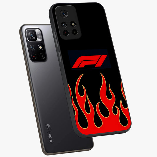 Fire F11 Glass Case showing flat back view with fiery themed artwork and glossy glass finish.