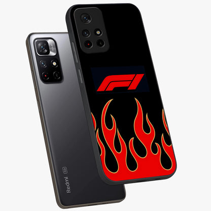 Fire F11 Glass Case displayed in angled mockup highlighting bold fire inspired graphic with energetic aesthetic style.