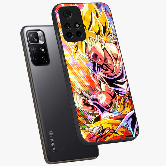 Firing Goku Glass Case showing flat back view with powerful anime inspired artwork and glossy glass finish.