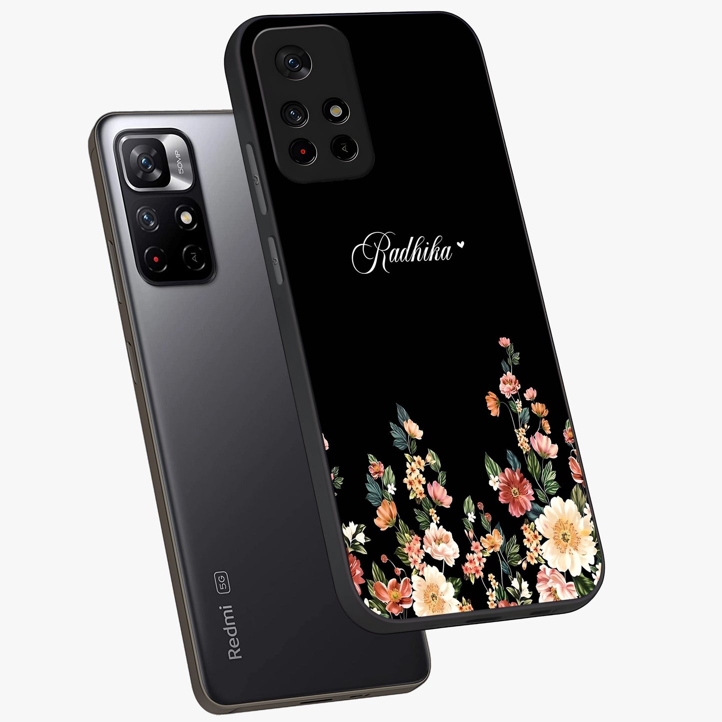 Floral Design With a Custom Personalized Name Glass Case showing flat back view with floral artwork and personalized name design.