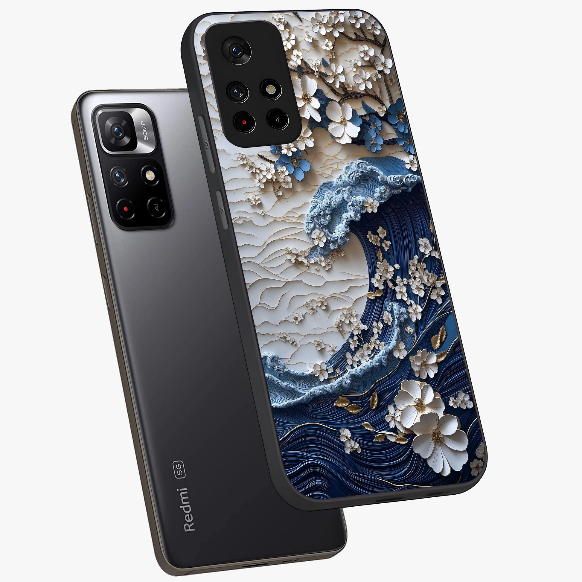 Floral Wave Origami Glass Case showing flat back view with origami inspired floral wave artwork and glossy glass finish.