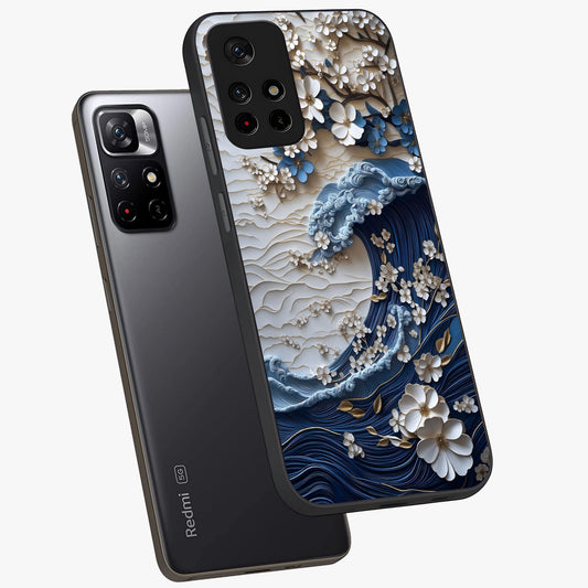 Floral Wave Origami Glass Case showing flat back view with origami inspired floral wave artwork and glossy glass finish.