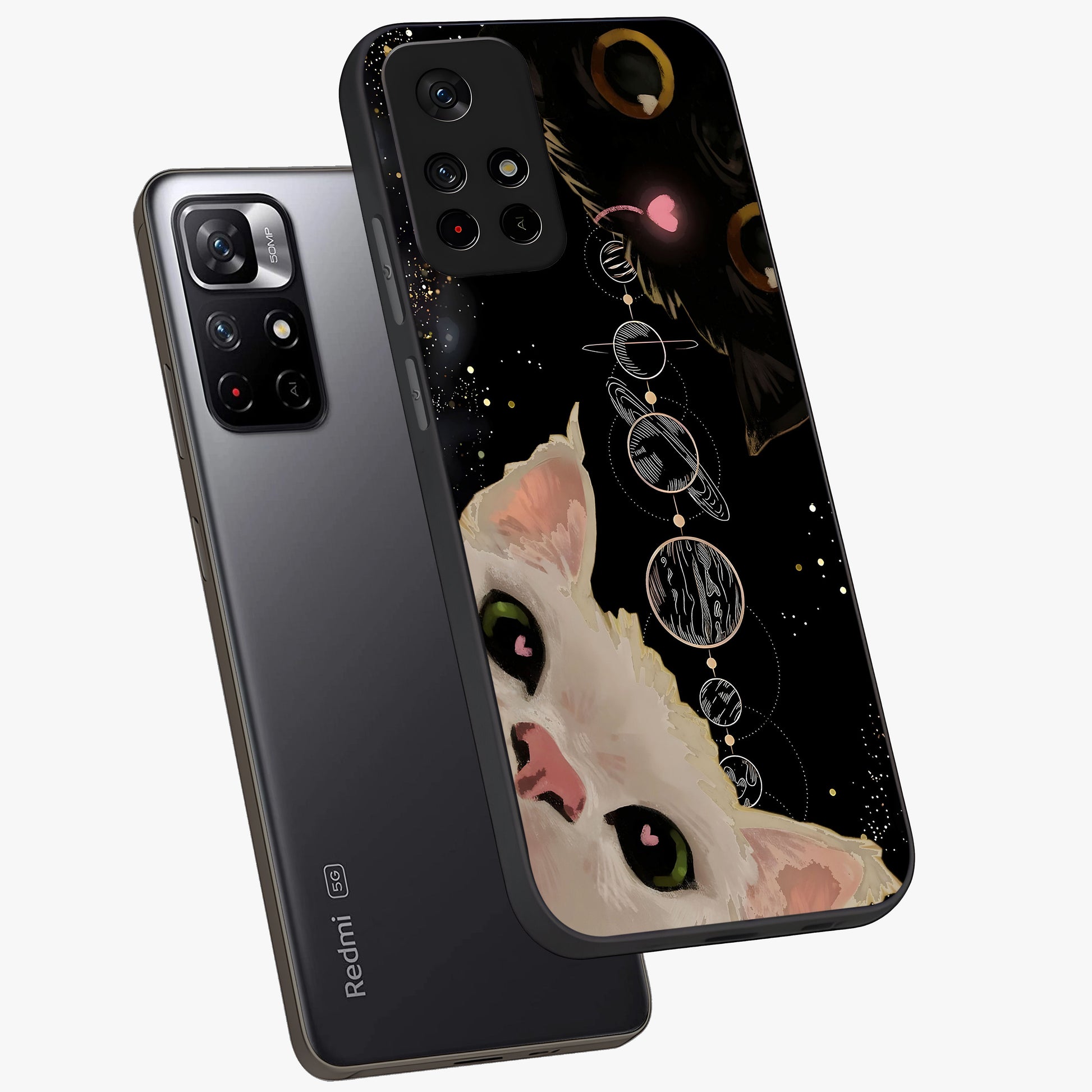 Galactic Cat Glass Case showing flat back view with cosmic cat artwork and glossy glass finish.