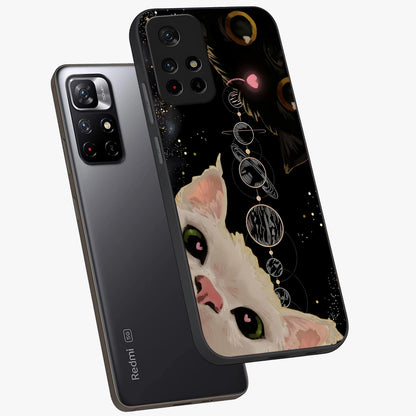 Galactic Cat Glass Case showing flat back view with cosmic cat artwork and glossy glass finish.