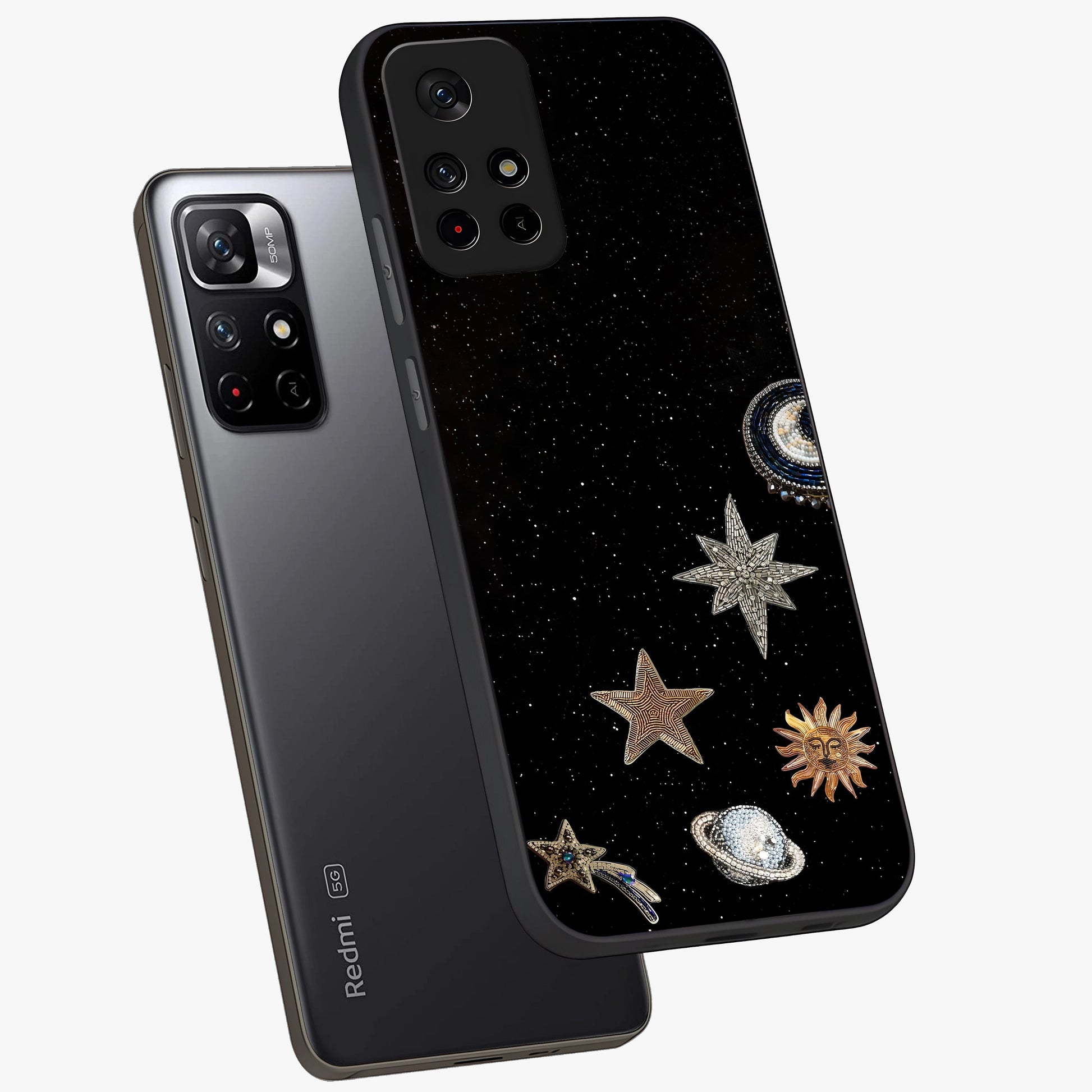Galactic Charm Glow Glass Case displayed in angled mockup highlighting luminous galaxy inspired design with dreamy aesthetic.
