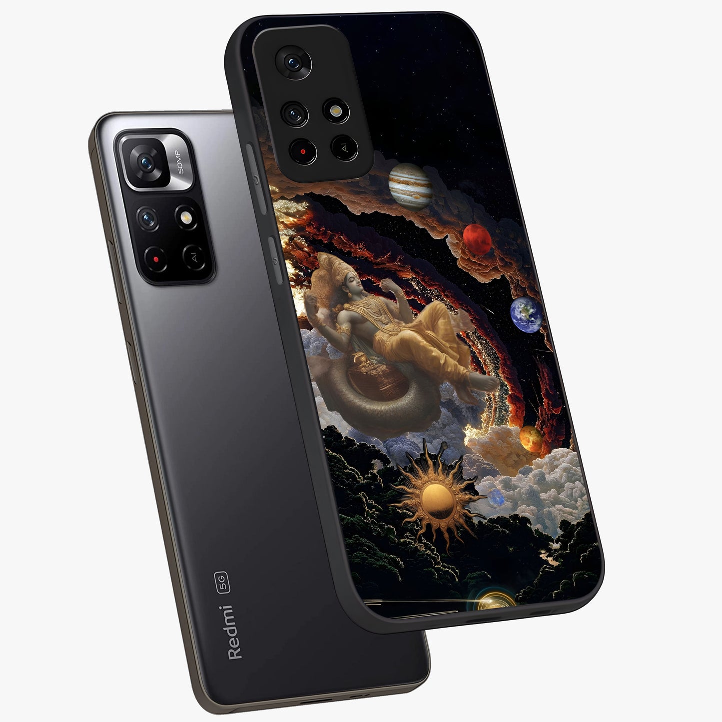 Galactic Divine God Glass Case showing flat back view with divine cosmic themed artwork and glossy glass finish.