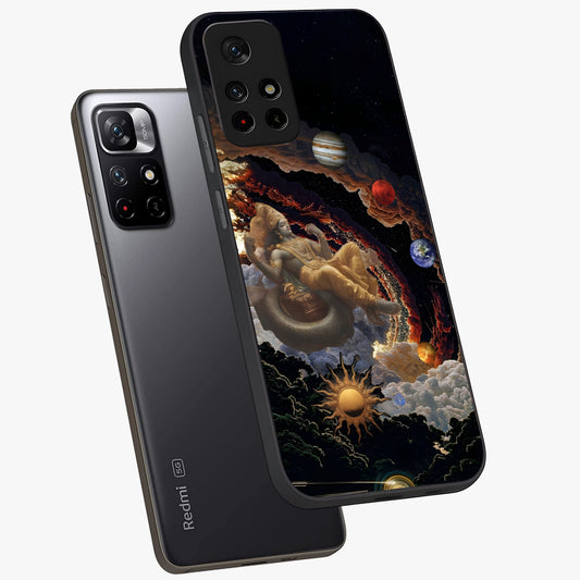 Galactic Divine God Glass Case showing flat back view with divine cosmic themed artwork and glossy glass finish.
