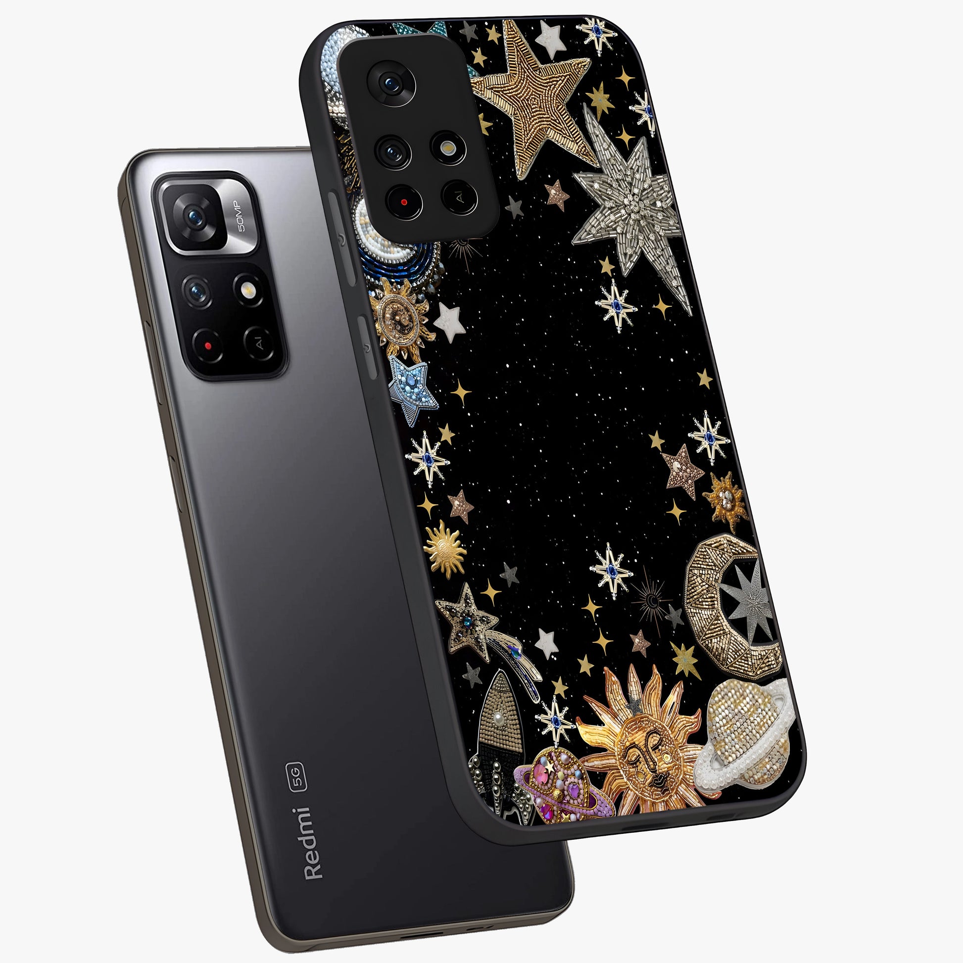 Galactic Jewel Stars Glass Case showing flat back view with sparkling star jewel artwork and glossy glass finish.
