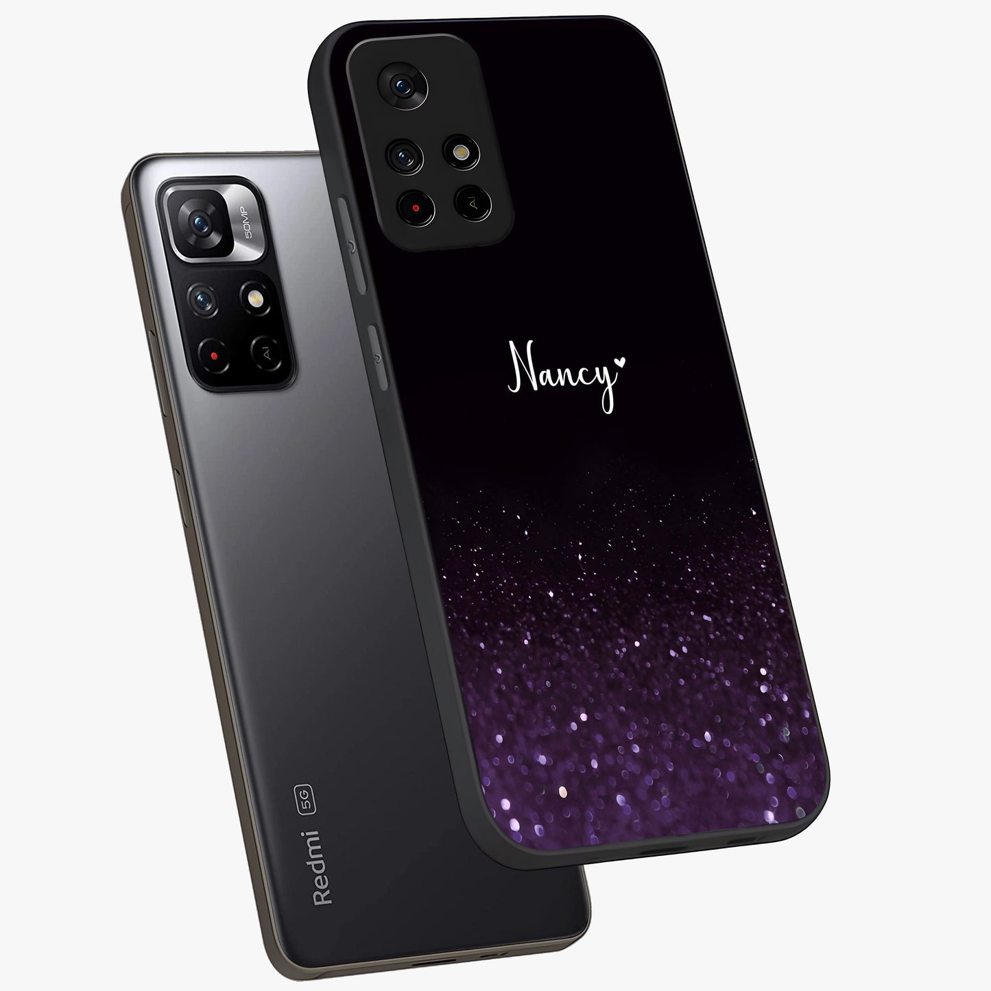 Glittery Purple Bokeh Custom Name Glass Case displayed in angled mockup highlighting glitter bokeh pattern with custom name feature.