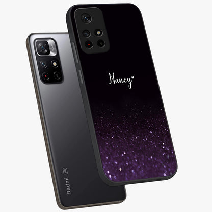 Glittery Purple Bokeh Custom Name Glass Case displayed in angled mockup highlighting glitter bokeh pattern with custom name feature.
