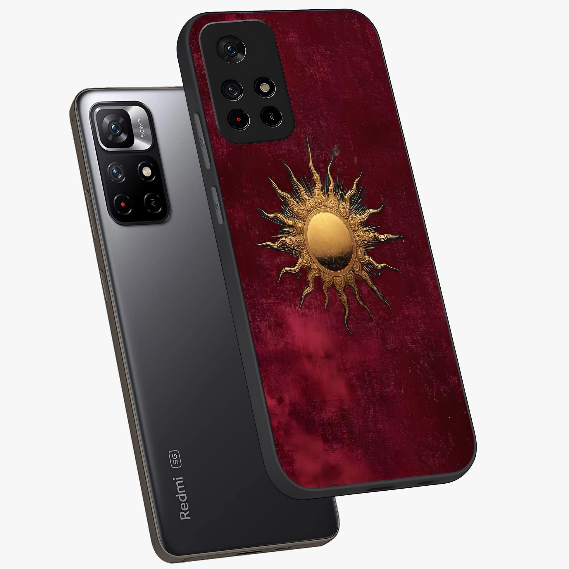Gold Sun Blush Glass Case showing flat back view with golden sun inspired artwork and glossy glass finish.