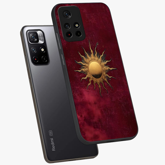 Gold Sun Blush Glass Case showing flat back view with golden sun inspired artwork and glossy glass finish.