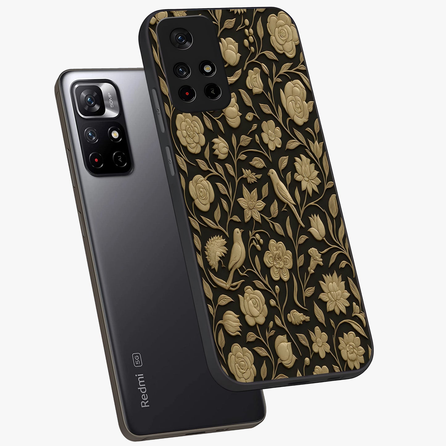 Golden Floral Majesty Glass Case showing flat back view with luxurious golden floral artwork and glossy glass finish.