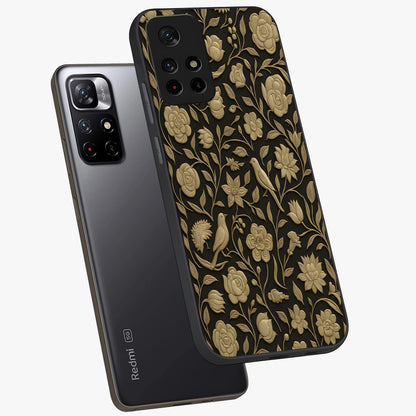 Golden Floral Majesty Glass Case showing flat back view with luxurious golden floral artwork and glossy glass finish.