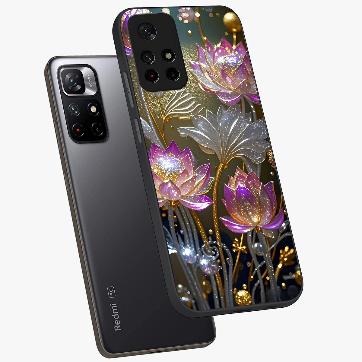 Golden Floral Majesty Glass Case displayed in angled mockup highlighting elegant flower design with royal golden aesthetic.