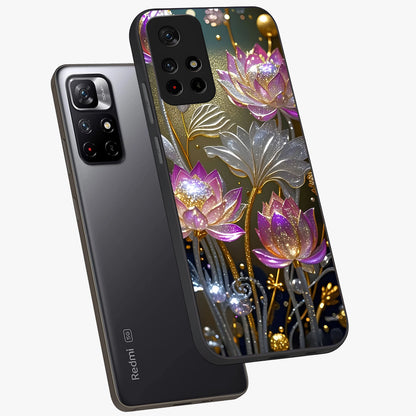 Golden Floral Majesty Glass Case displayed in angled mockup highlighting elegant flower design with royal golden aesthetic.