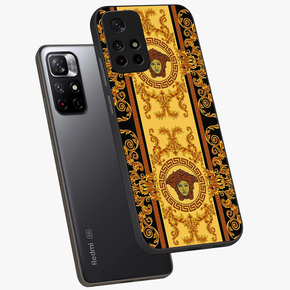 Golden Lotus Glow Glass Case displayed in angled mockup highlighting radiant lotus illustration with spiritual aesthetic.