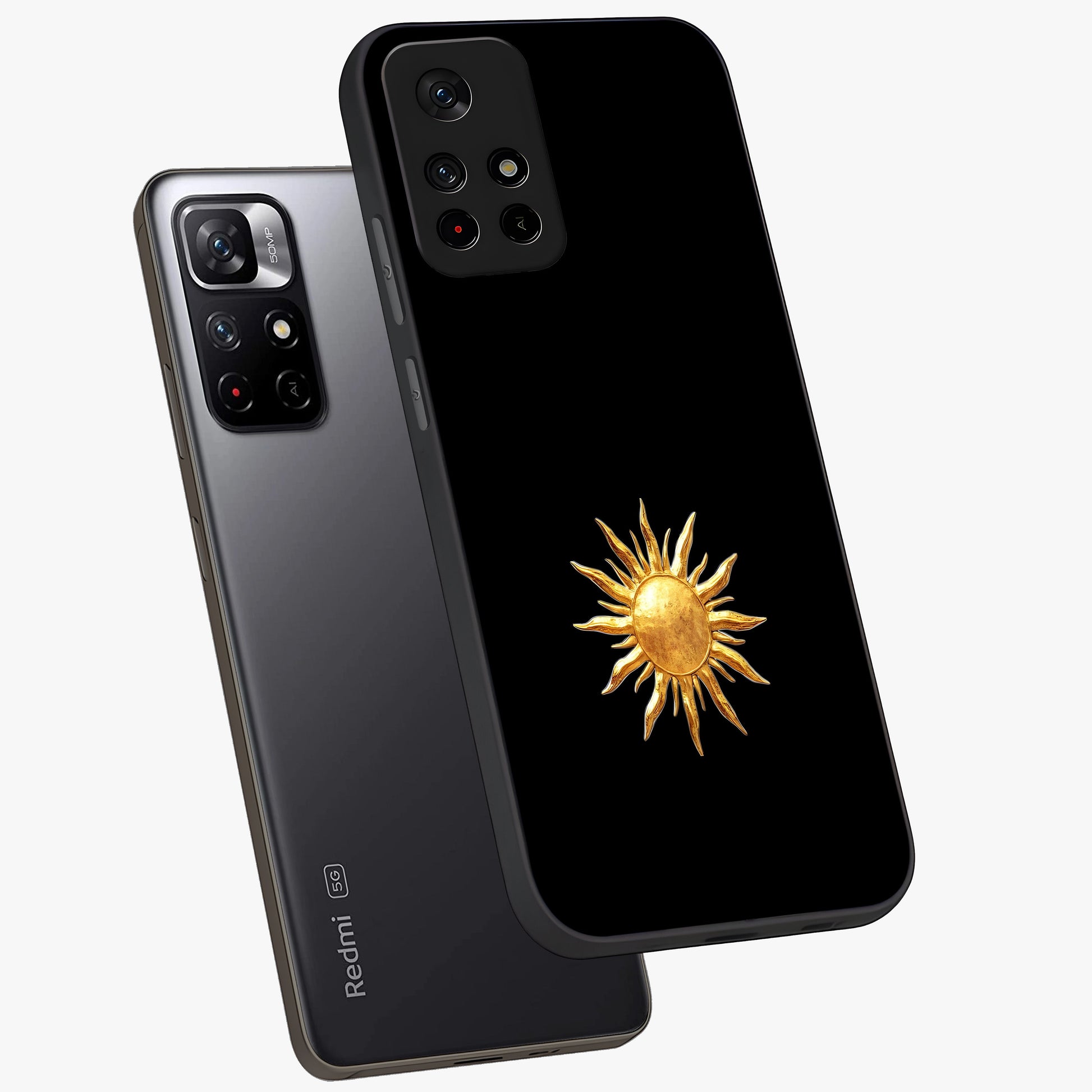 Golden Sun Minimalism Glass Case showing flat back view with minimal golden sun artwork and glossy glass finish.