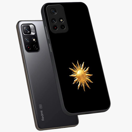 Golden Sun Minimalism Glass Case showing flat back view with minimal golden sun artwork and glossy glass finish.