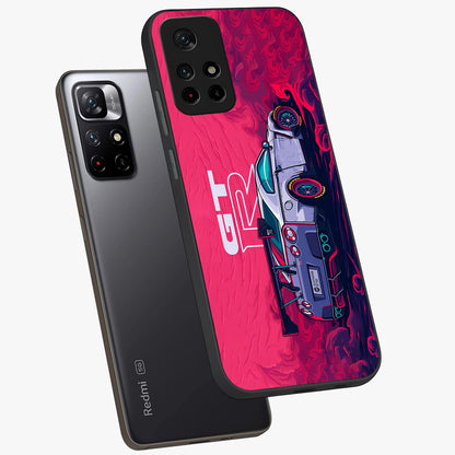 GT-R Car Pattern Glass Case showing flat back view with sporty car inspired pattern artwork and glossy glass finish.