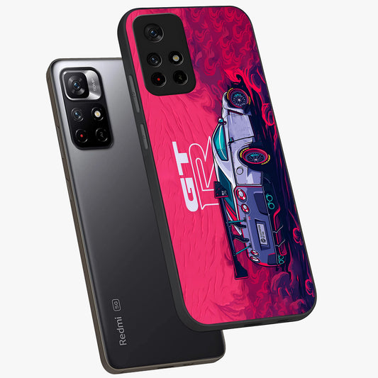 GT-R Car Pattern Glass Case showing flat back view with sporty car inspired pattern artwork and glossy glass finish.