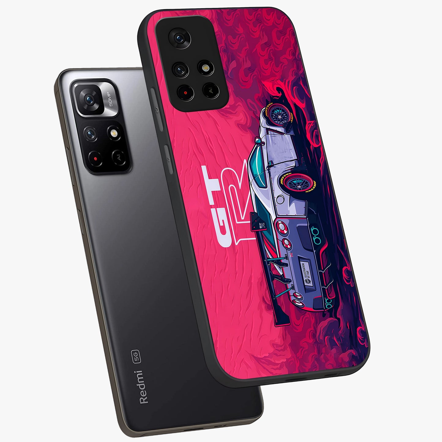 GT-R Car Pattern Glass Case displayed in angled mockup highlighting racing car graphic design with bold automotive aesthetic.