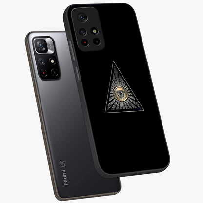 Illuminati Evil Glass Case showing flat back view with mysterious illuminati symbol artwork and glossy glass finish.