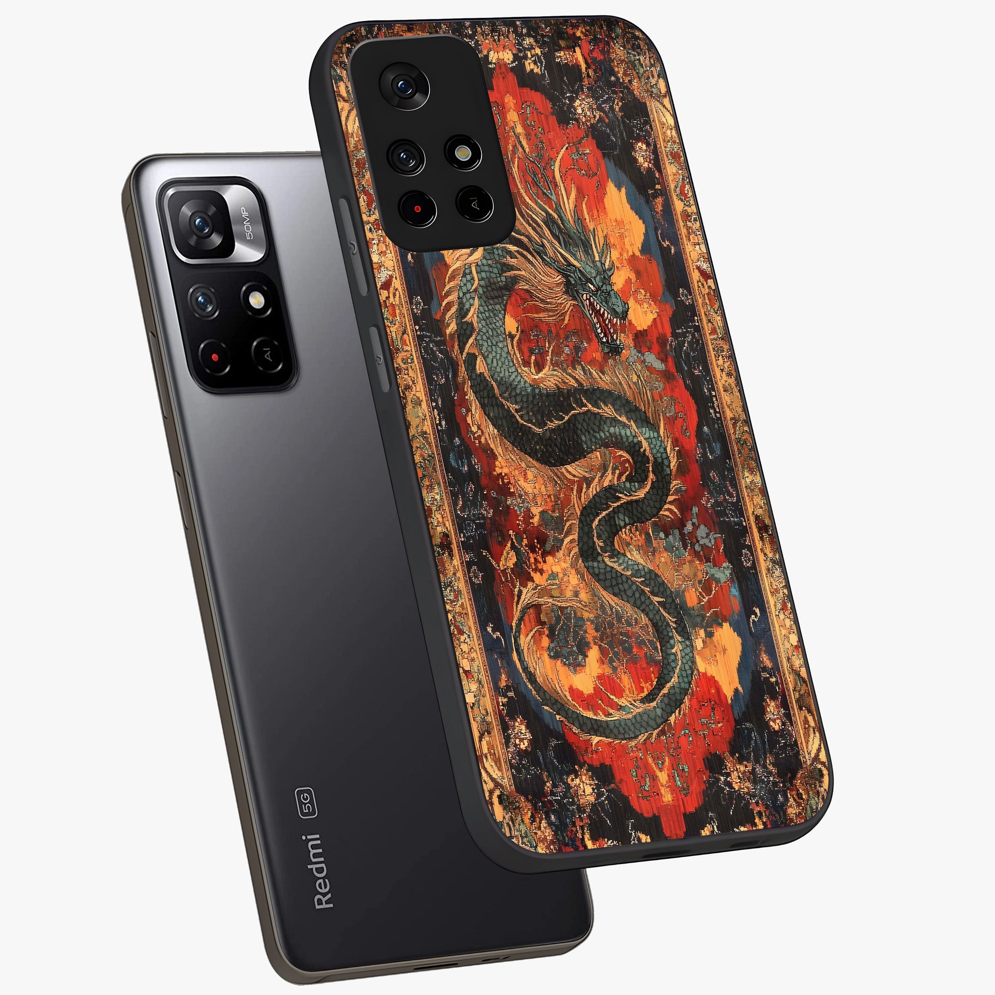 Inferno Dragon Soul Glass Case showing flat back view with fiery dragon artwork and glossy glass finish.