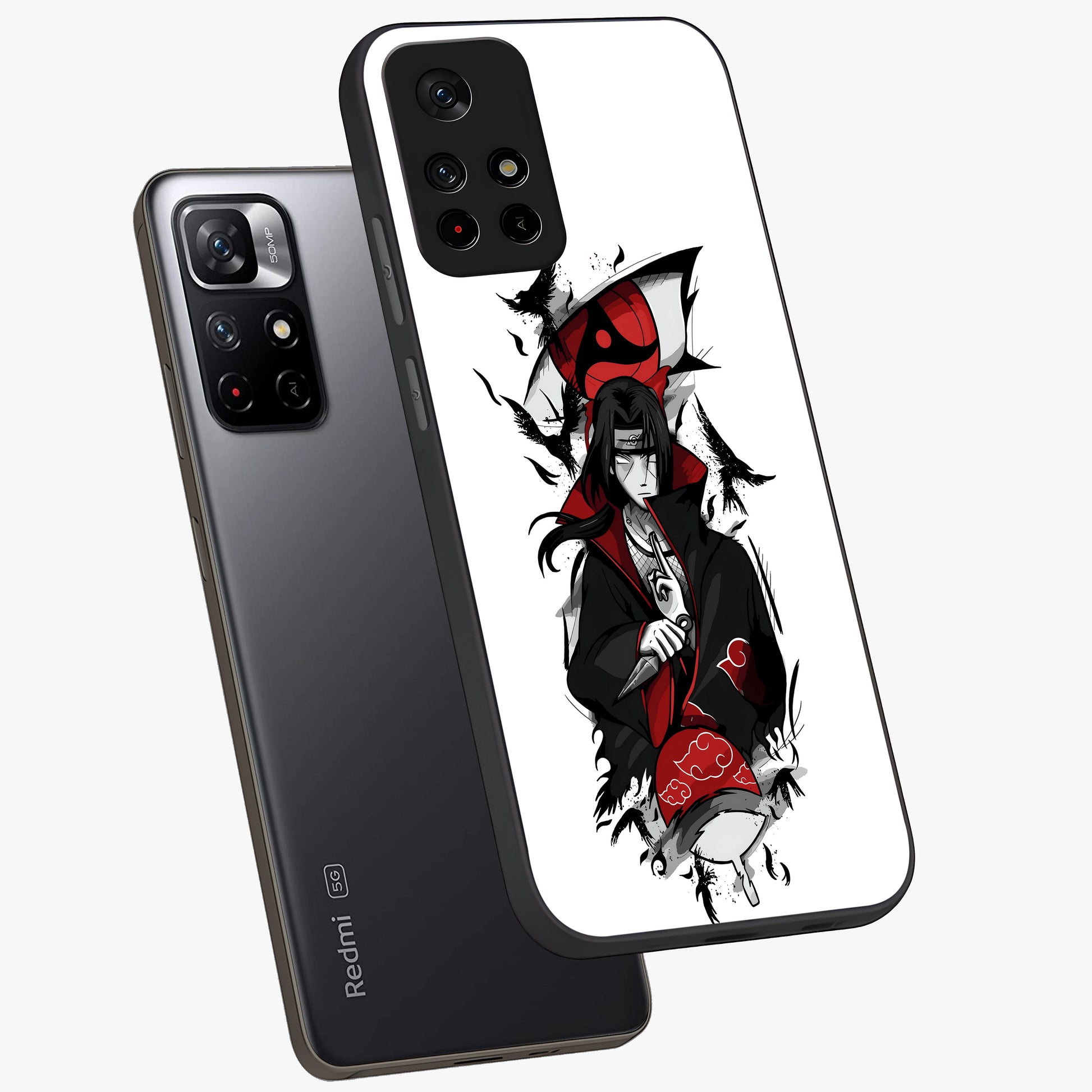 Itachi Sharingan Glass Case showing flat back view with powerful anime eye artwork and glossy glass finish.