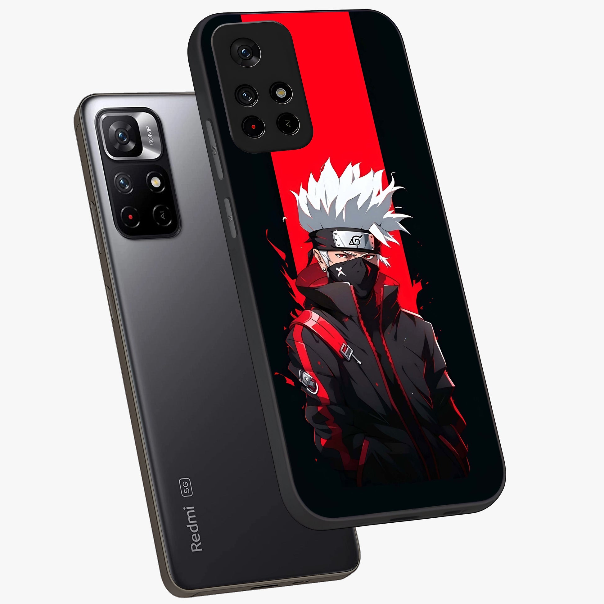 Kakashi Scarlet Shadow Glass Case showing flat back view with powerful anime ninja artwork and glossy glass finish.