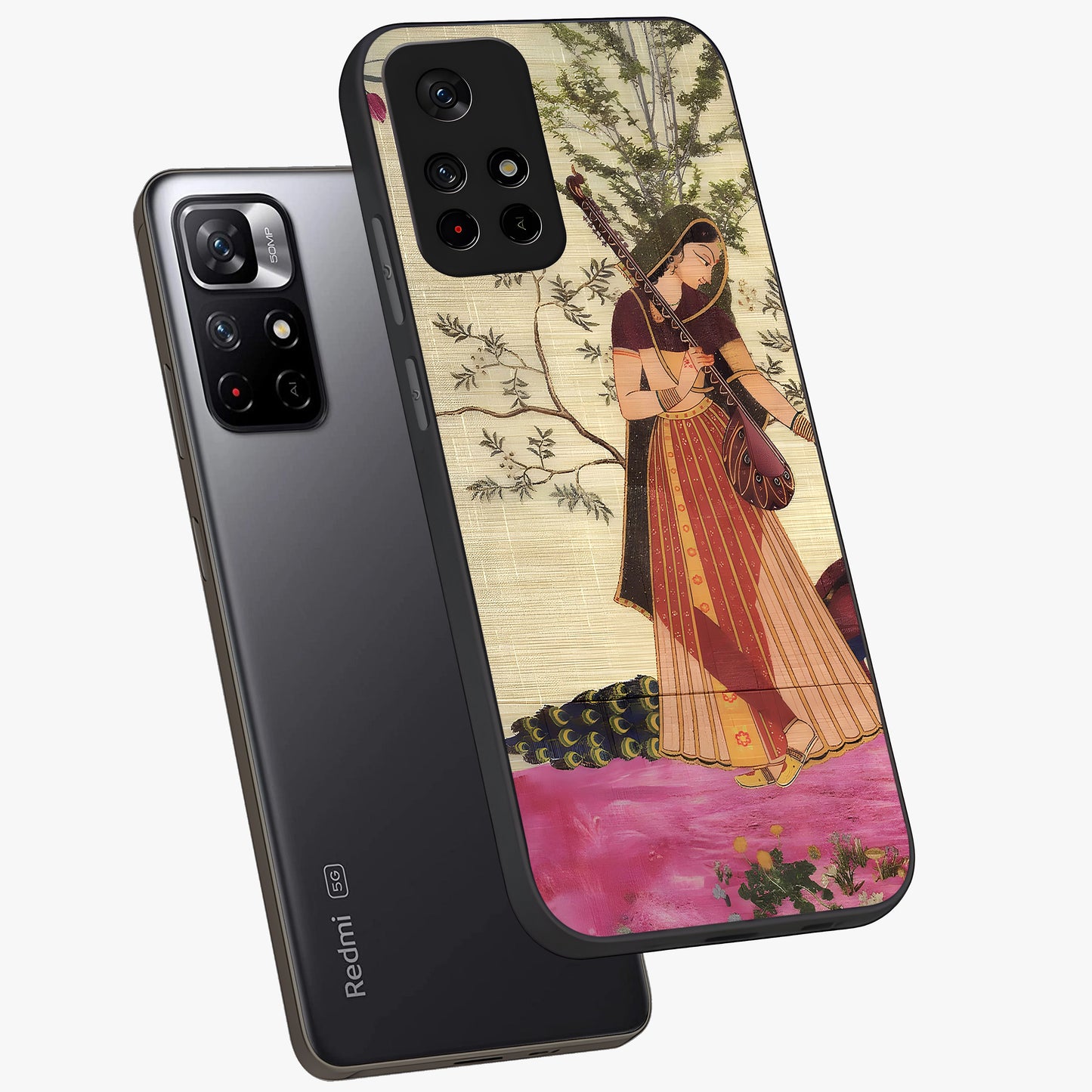Lady With Veena Art Glass Case showing flat back view with elegant woman playing veena artwork and glossy glass finish.