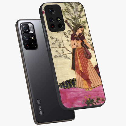 Lady With Veena Art Glass Case showing flat back view with elegant woman playing veena artwork and glossy glass finish.