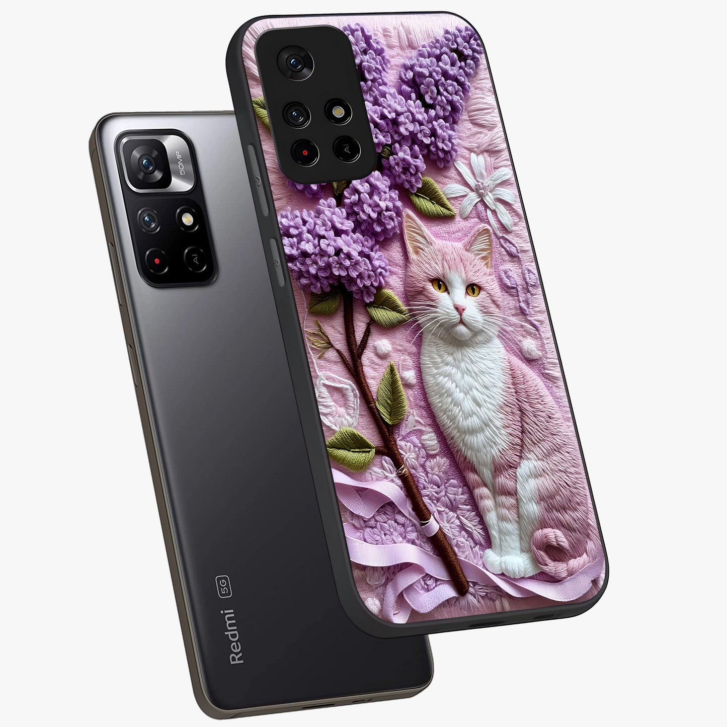 Lavender Cat Whimsy Glass Case displayed in angled mockup highlighting playful feline illustration with pastel lavender aesthetic.